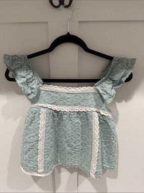 Light Blue Eyelet Lace Trim girls Summer Top